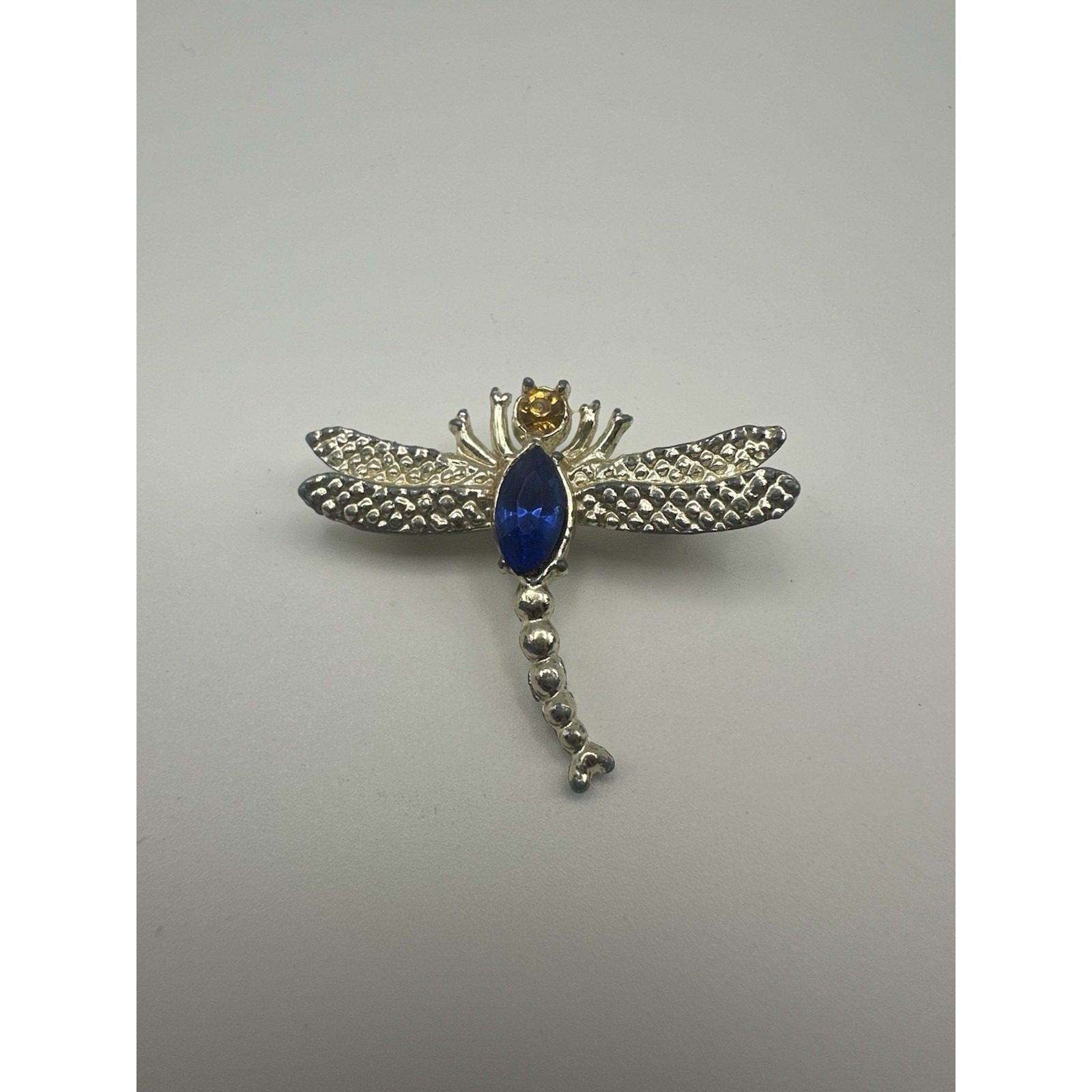 Silver Tone Dragonfly Brooch Blue And Amber Rhinestone Insect Pin Whimsical